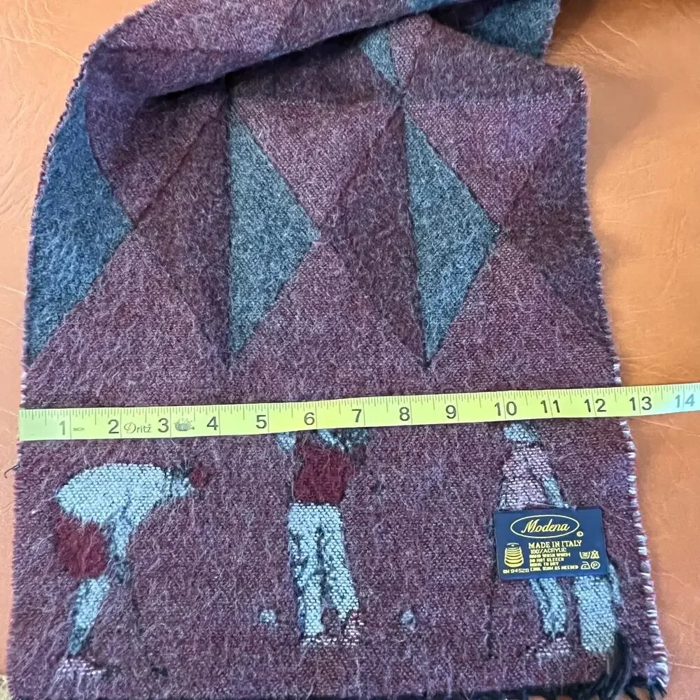 VINTAGE‎ Modena Made in Italy Retro Golf Theme Scarf Fringe Ends Green Burgundy